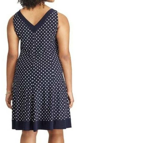 Womens Dress Chaps Blue Polka Dot 24W Fit & Flare Party Stretch Lined V-Neck - Picture 2 of 6